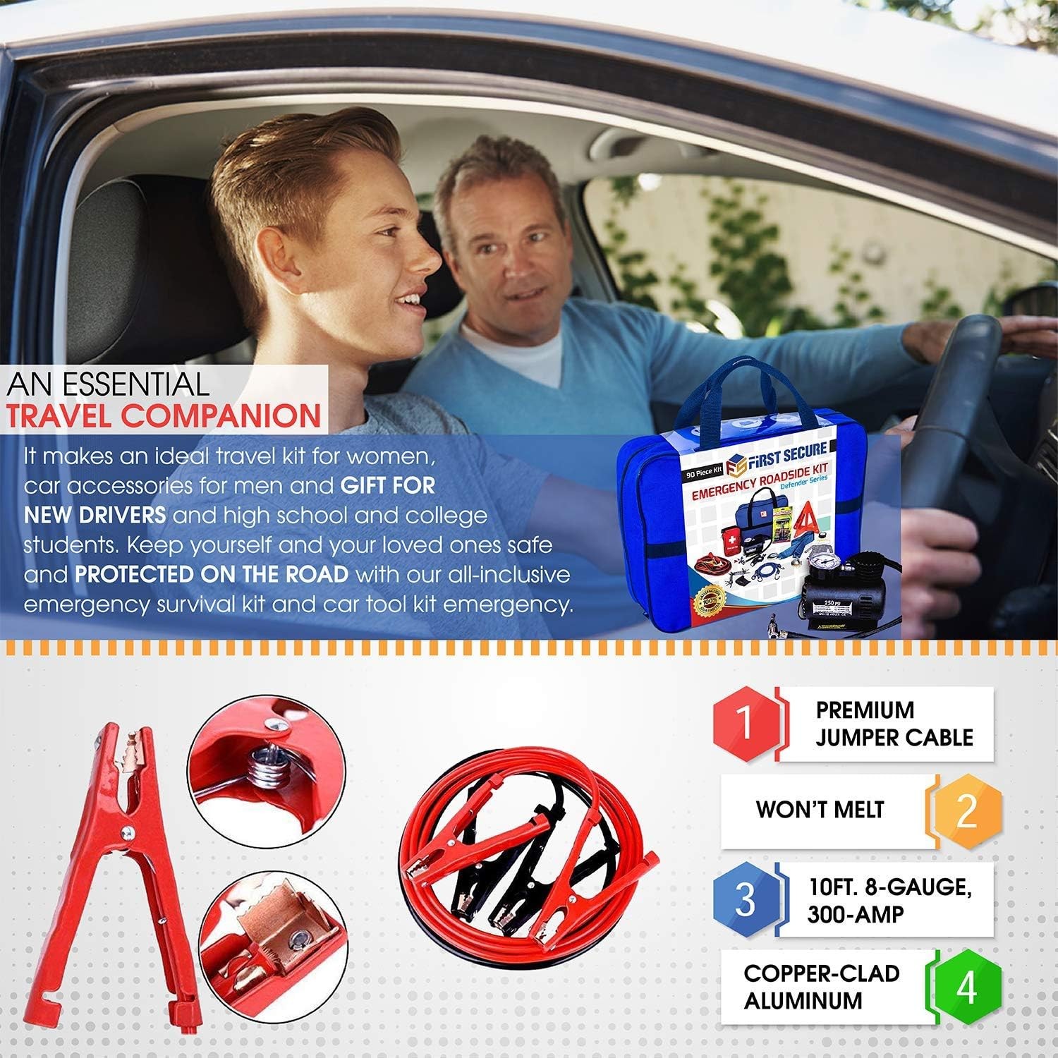 Car Emergency Kit with Air Compressor, Jumper Cables, First Aid, Tow Strap, Tire