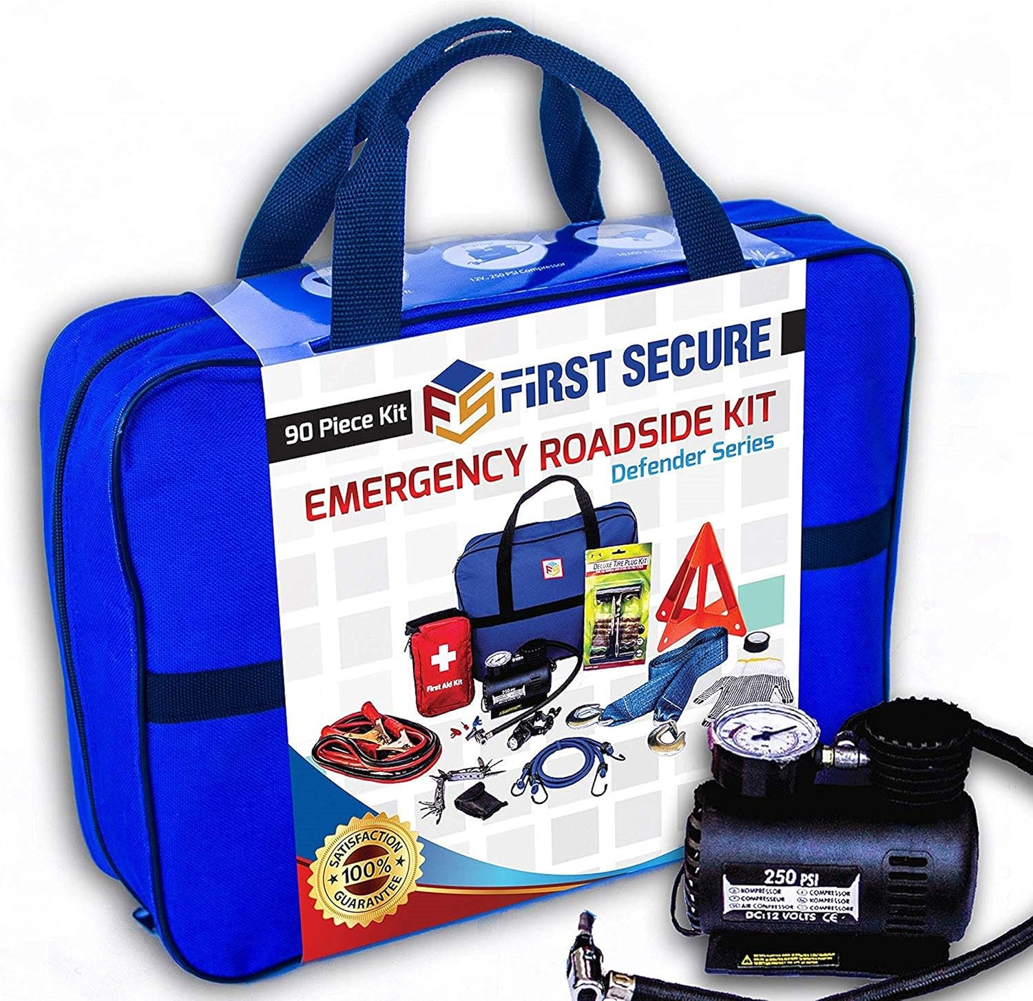 Car Emergency Kit with Air Compressor, Jumper Cables, First Aid, Tow Strap, Tire