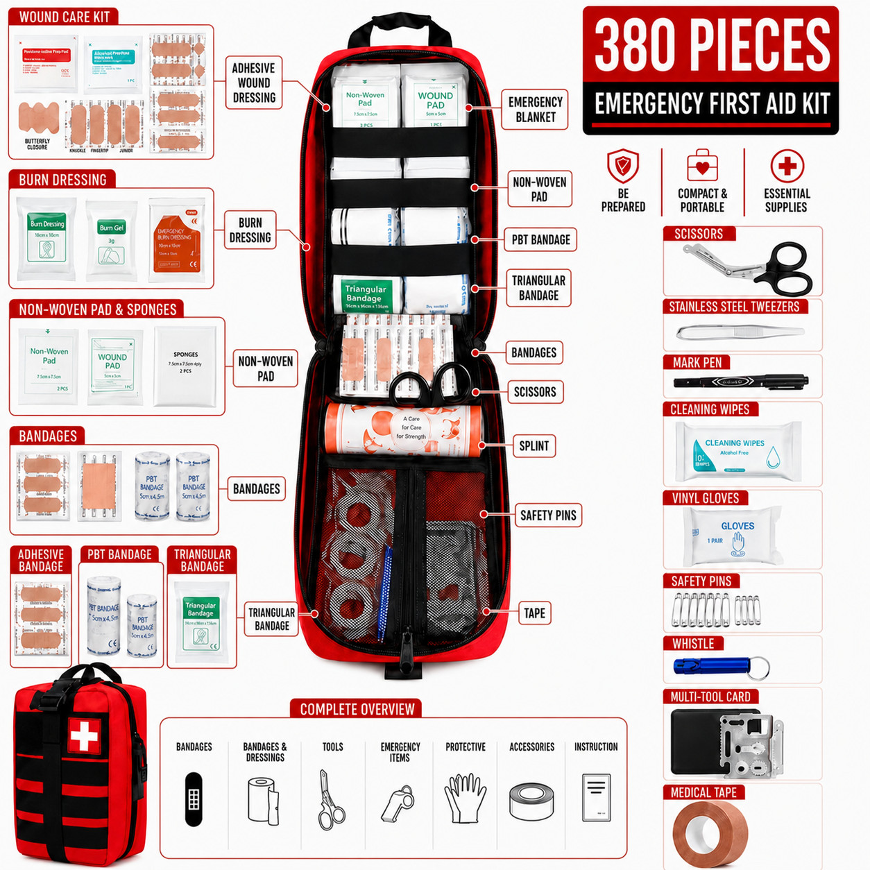 380-piece first aid kits for home, car, office, outdoor camping, hiking,