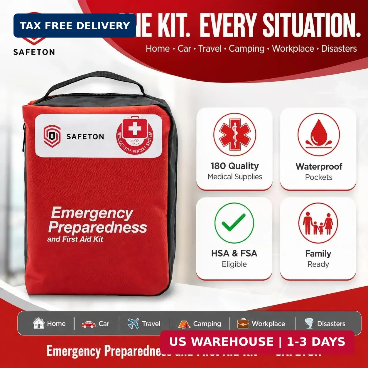 Travel-First Aid-Kit Car-Home 180 Piece Survival-Kit Outdoor-Adventure – Full Po