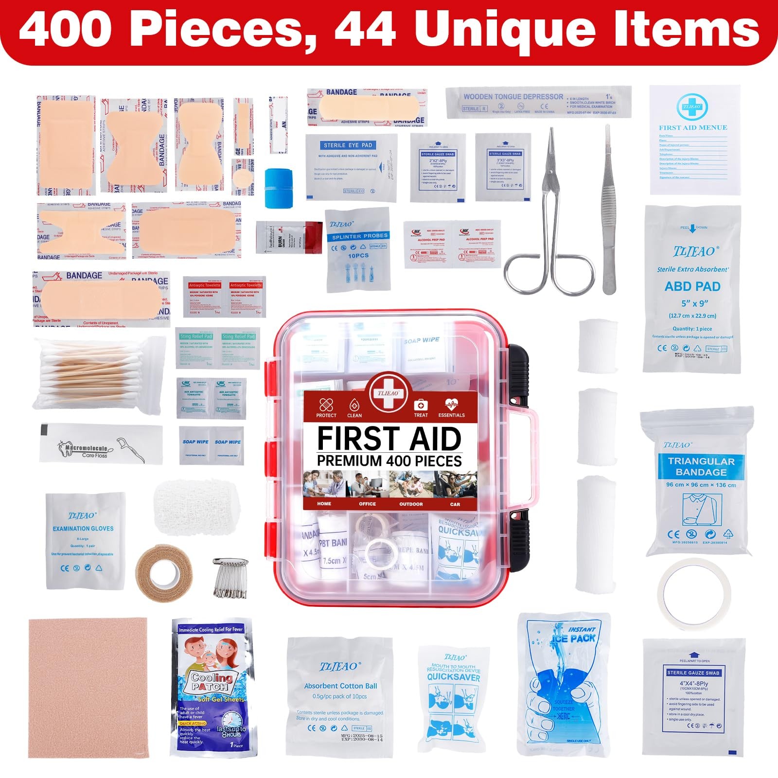 TLIEAO 400 Pieces All-Purpose First Aid Kit – Organized Dual-Layer Wall – Red