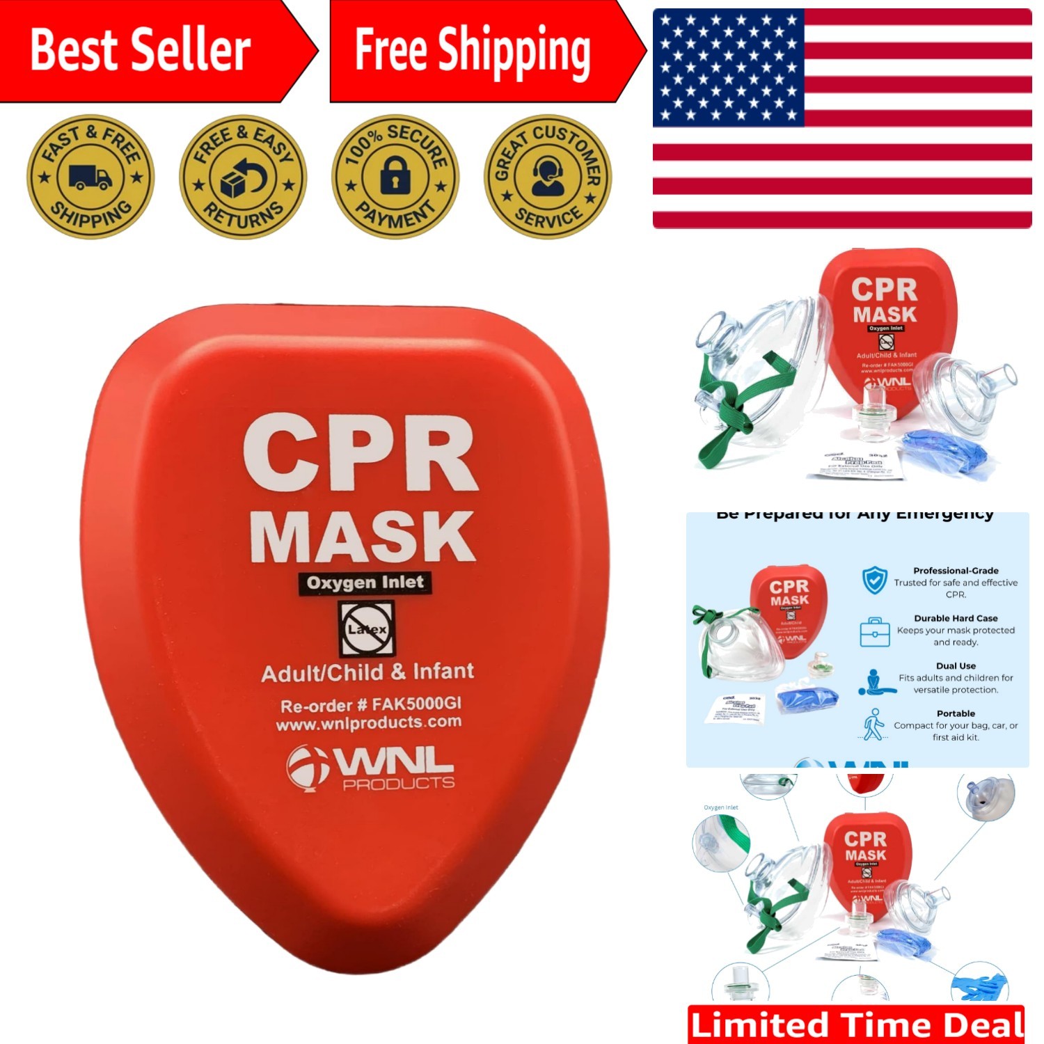 Complete CPR Rescue Mask Kit with Child & Adult Masks, Gloves, and Virus Shield