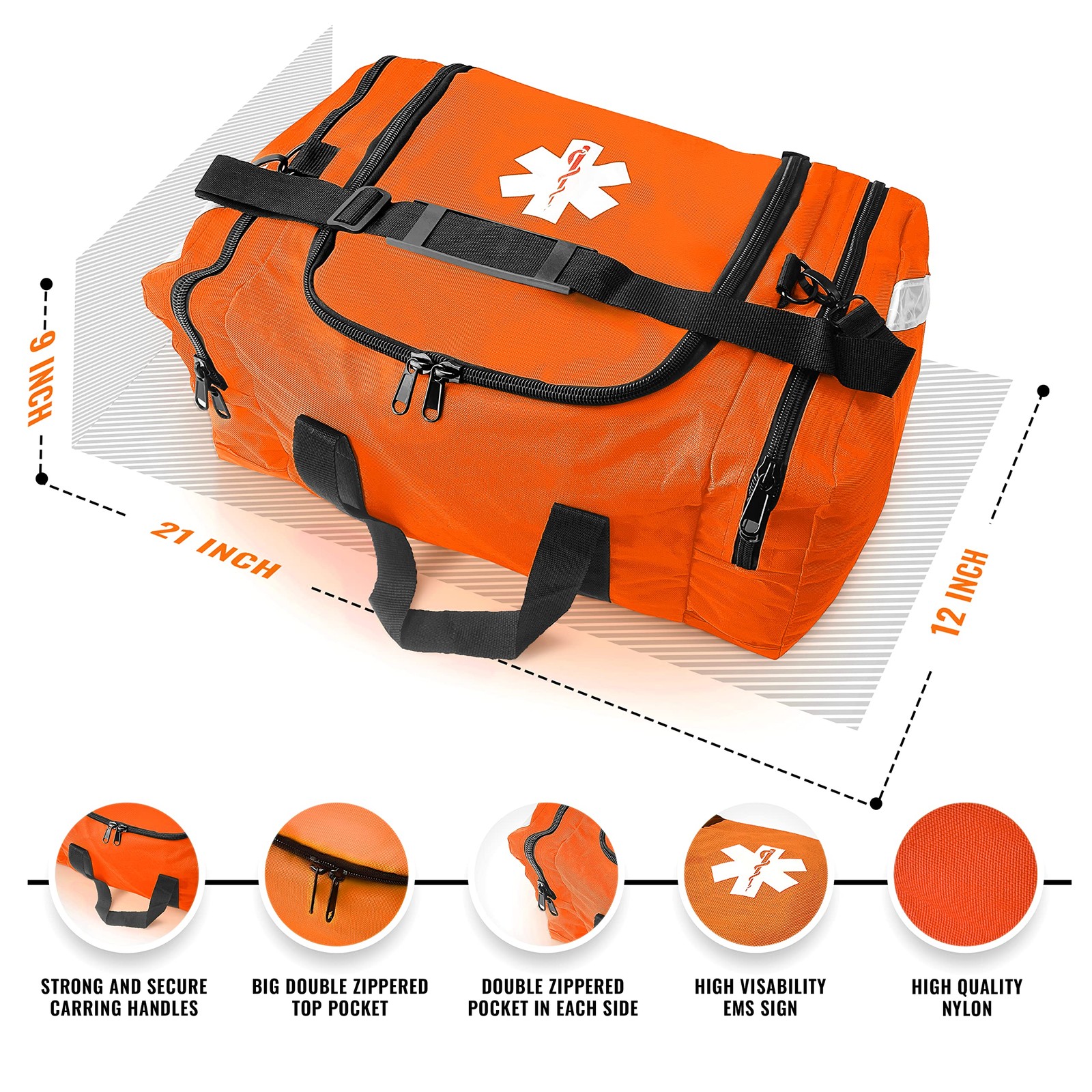Large EMT First Responder Trauma Medical Bag 21x12x9 Inches Orange
