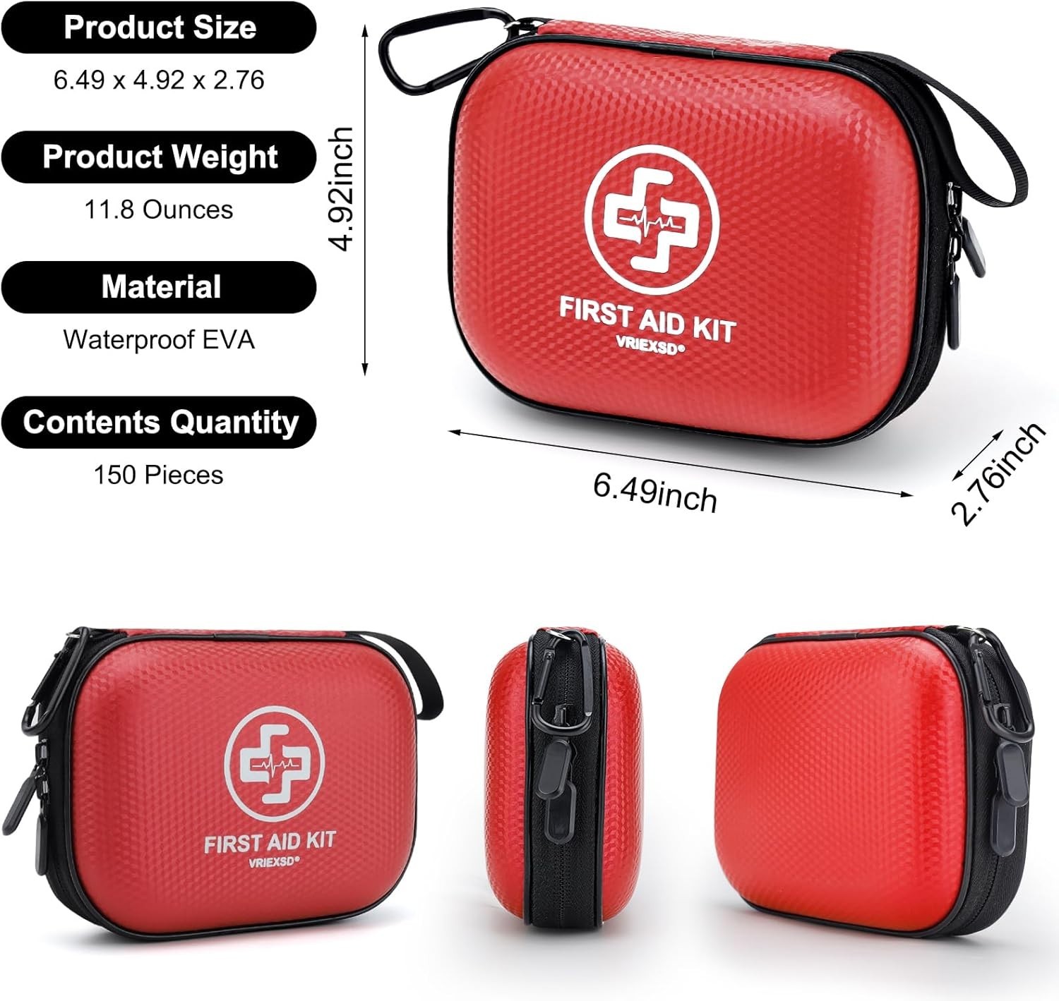 Mini First Aid Kit – 150 Piece Small Waterproof Hard Shell Medical Kit-Red