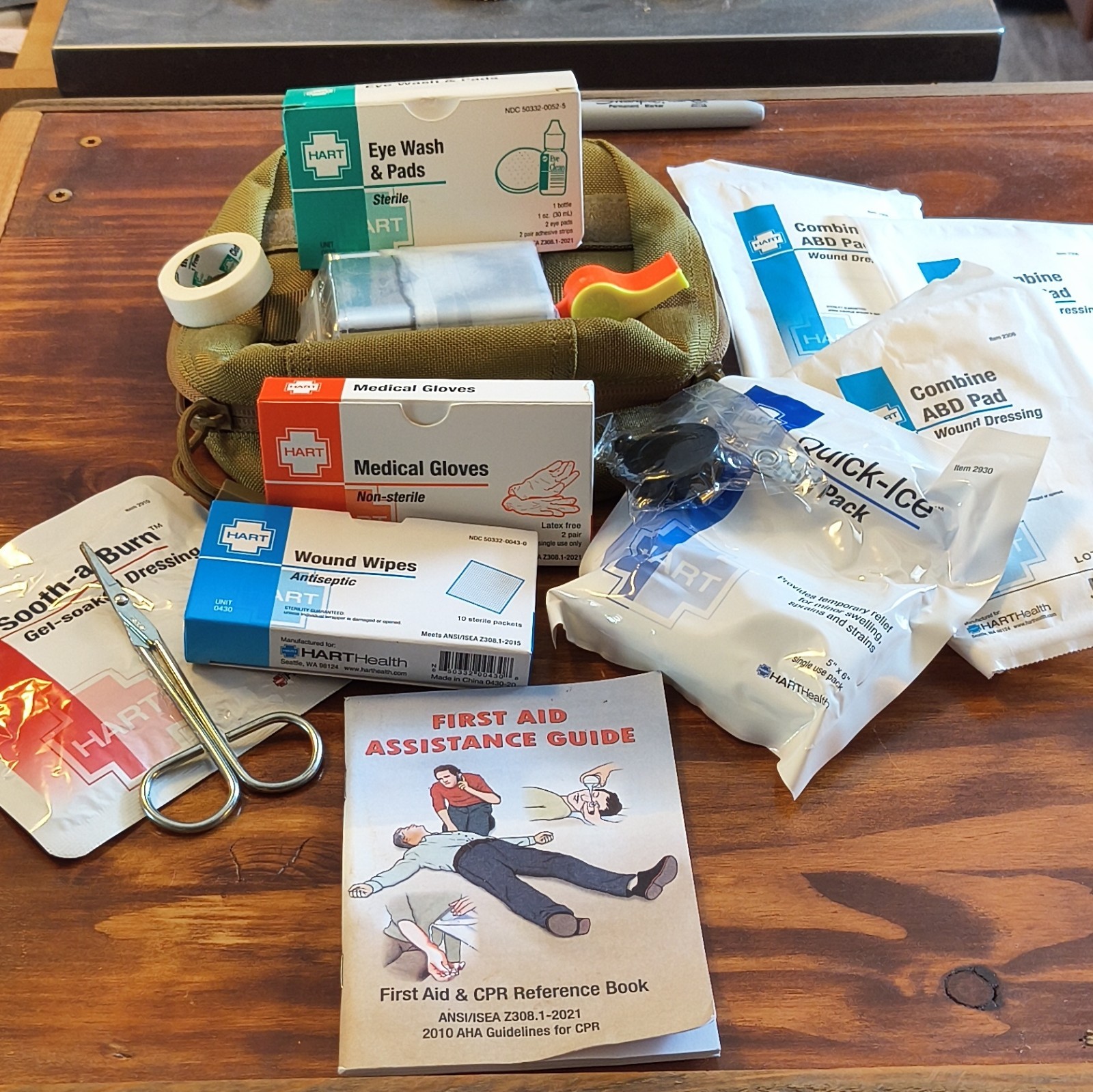 HART Portable First Aid Set Green Bag w/ Eye Wash, Gloves, Wipes, ABD, Cold Pack