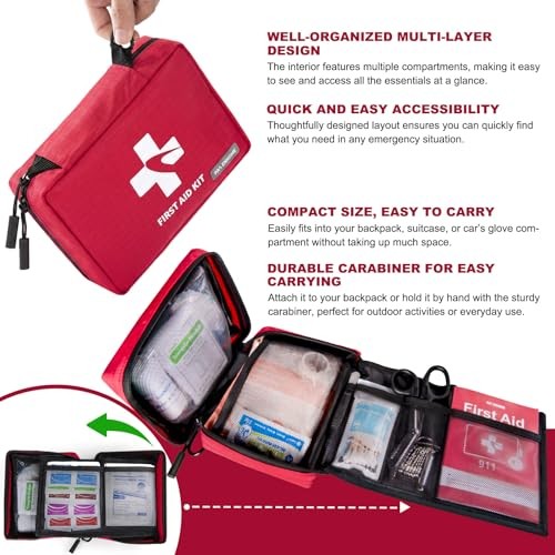 300 Piece First Aid Kit, Compact Waterproof First Aid Bag with 9 Organized Red