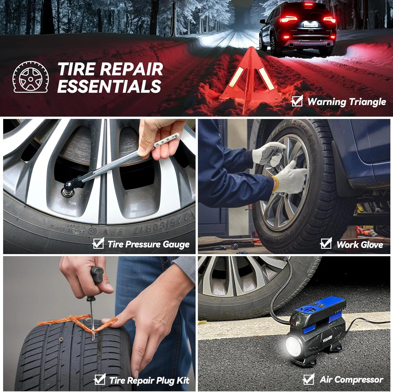 Car Emergency Kit with Portable Air Compressor, Winter Car Safety Roadside Assis