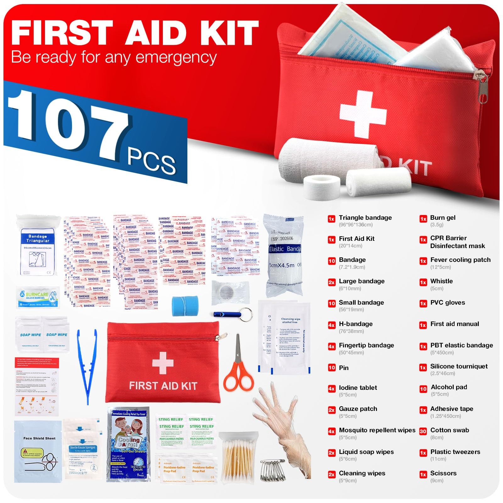 First Aid Kit for Home Car Travel 107 Piece Emergency Kits Hiking 107 pcs