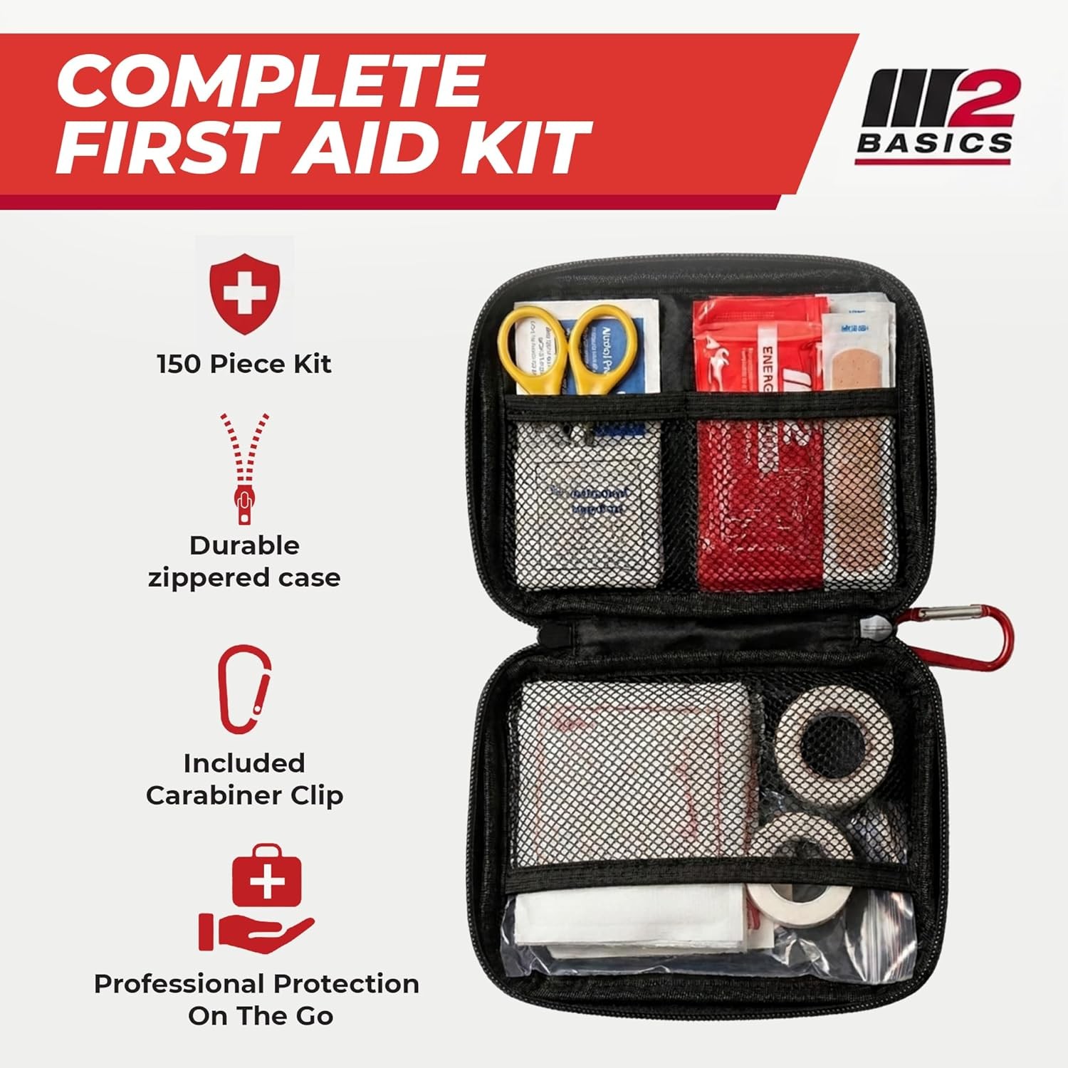 M2 BASICS 150-Pc First Aid Kit – Compact Bag for Travel, Home & Car