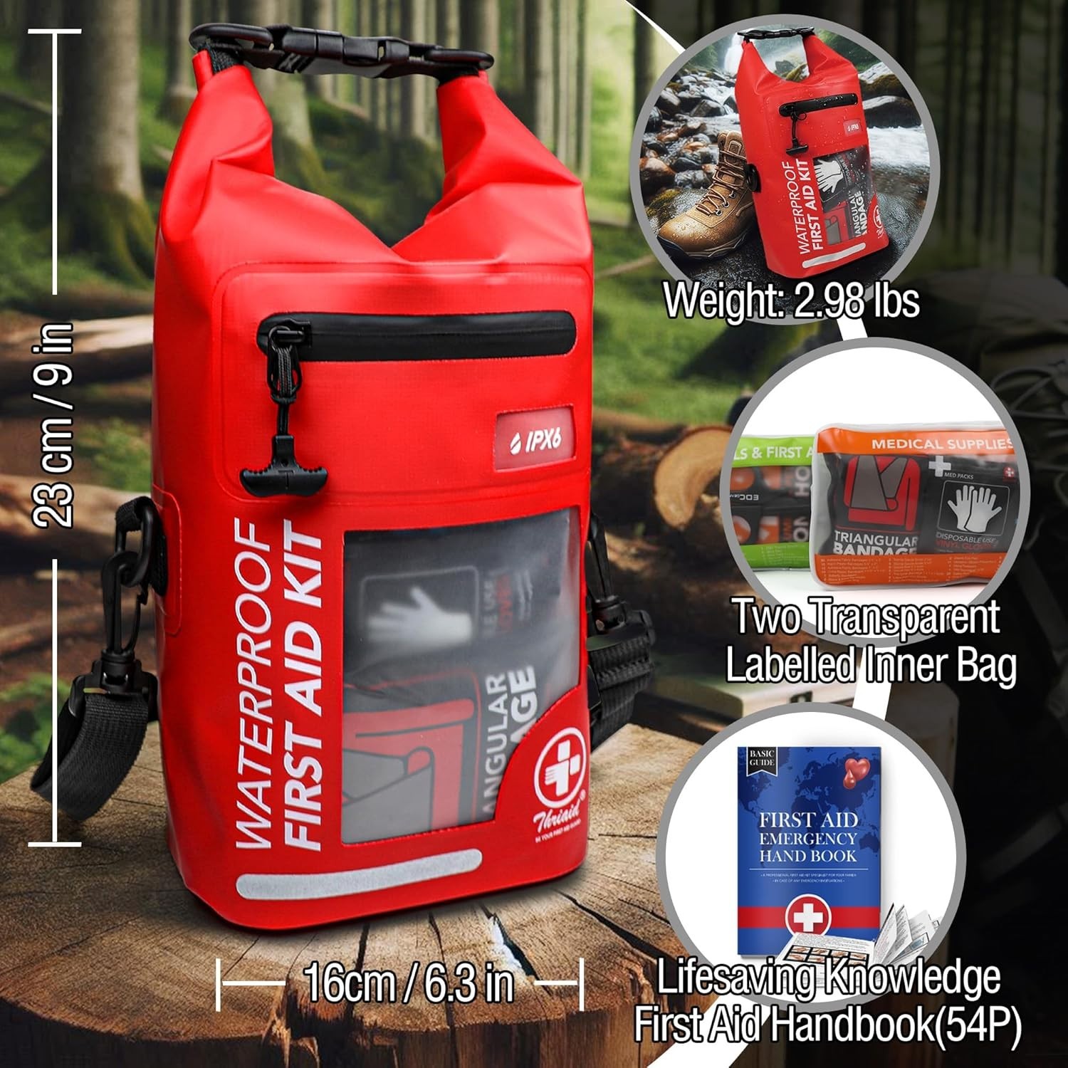 250 PCS Waterproof First Aid Kit Roll Top Dry Bag Reflective Red for Boating