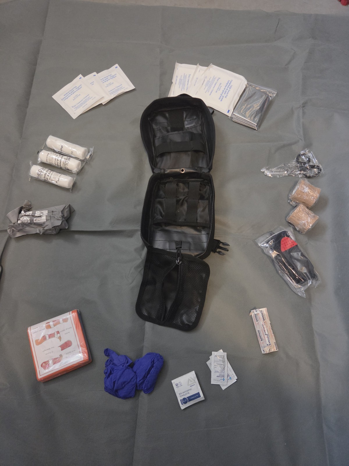 Portable Black/Red First Aid Kit Pouch w/ Gauze, Bandages, Gloves, Scissors