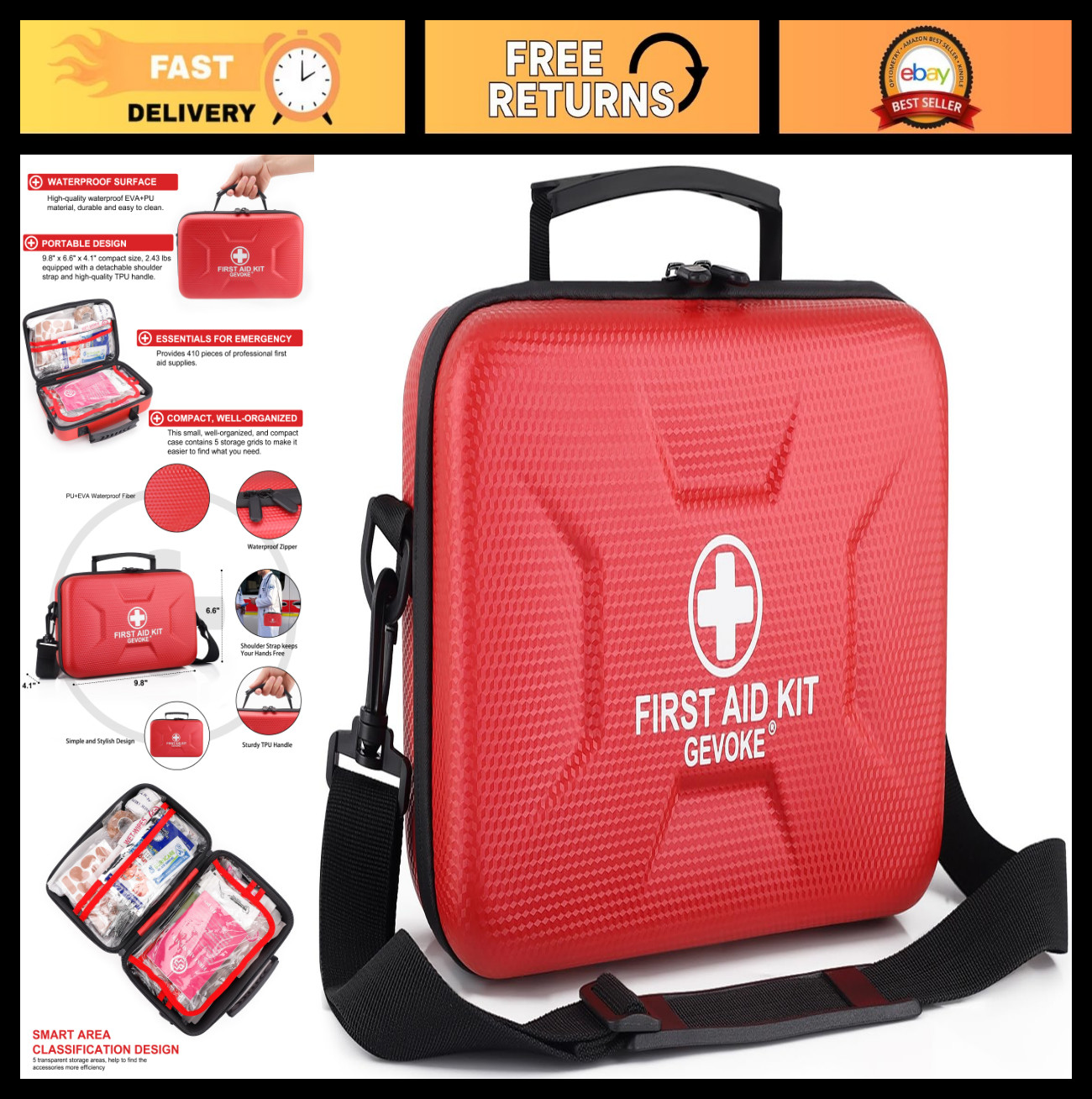 410-Piece Waterproof Hard Shell First Aid Kit for Home, Car, Travel, Camping & O