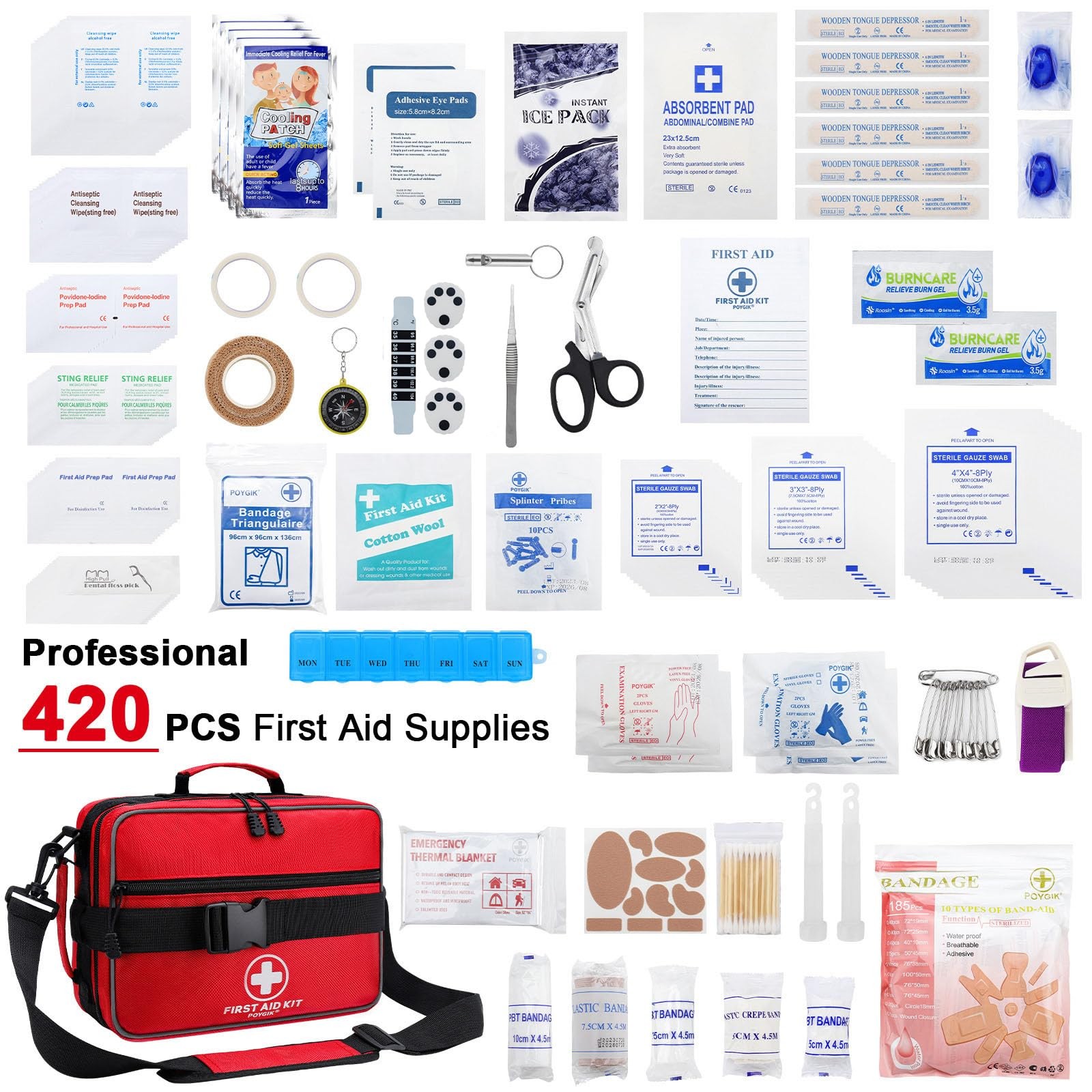 Poygik Premium 420 Piece Large First Aid Kit for Home, Car, Travel, Red