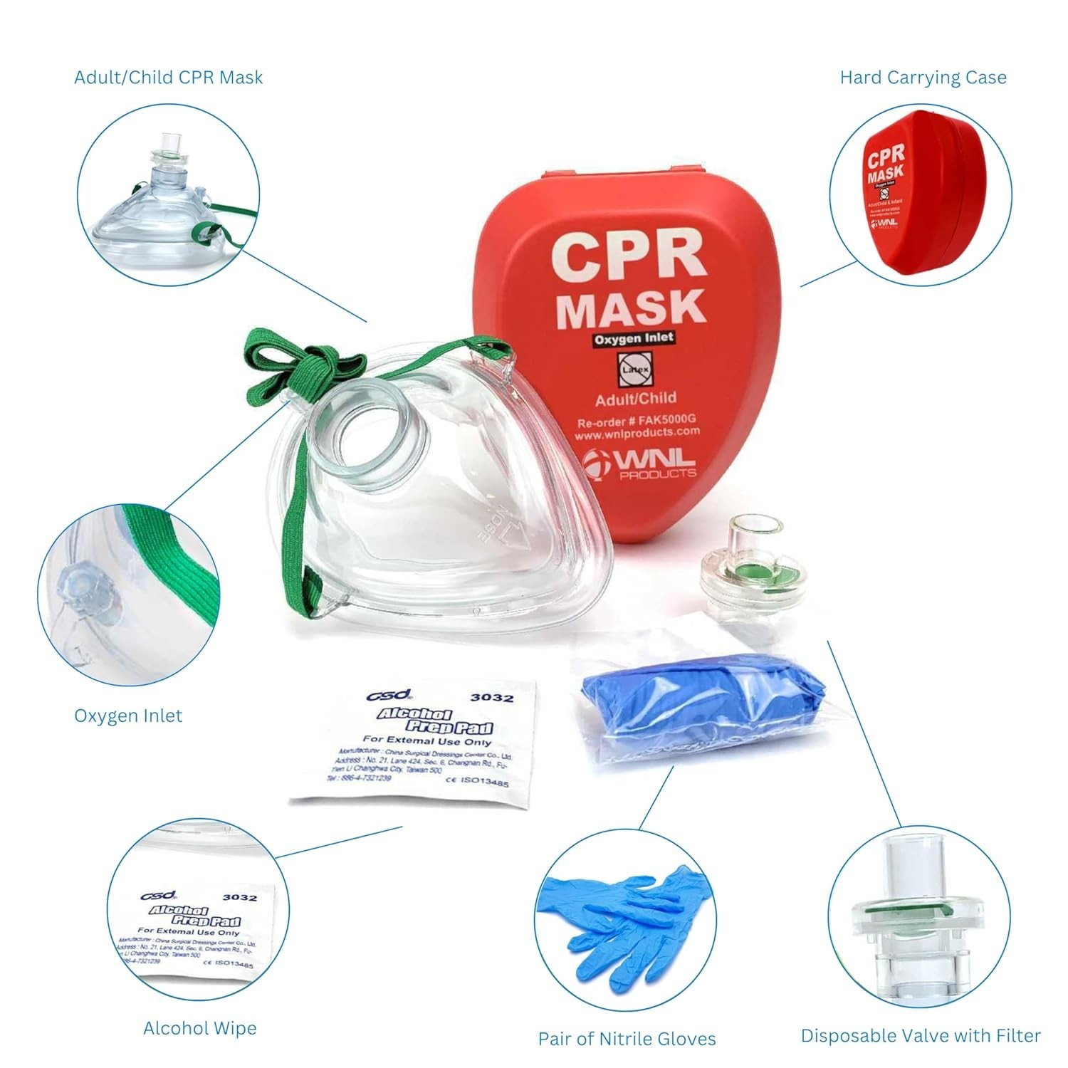 CPR Rescue Mask, Adult/Child Pocket Resuscitator, Hard Case Kit with Belt Clip