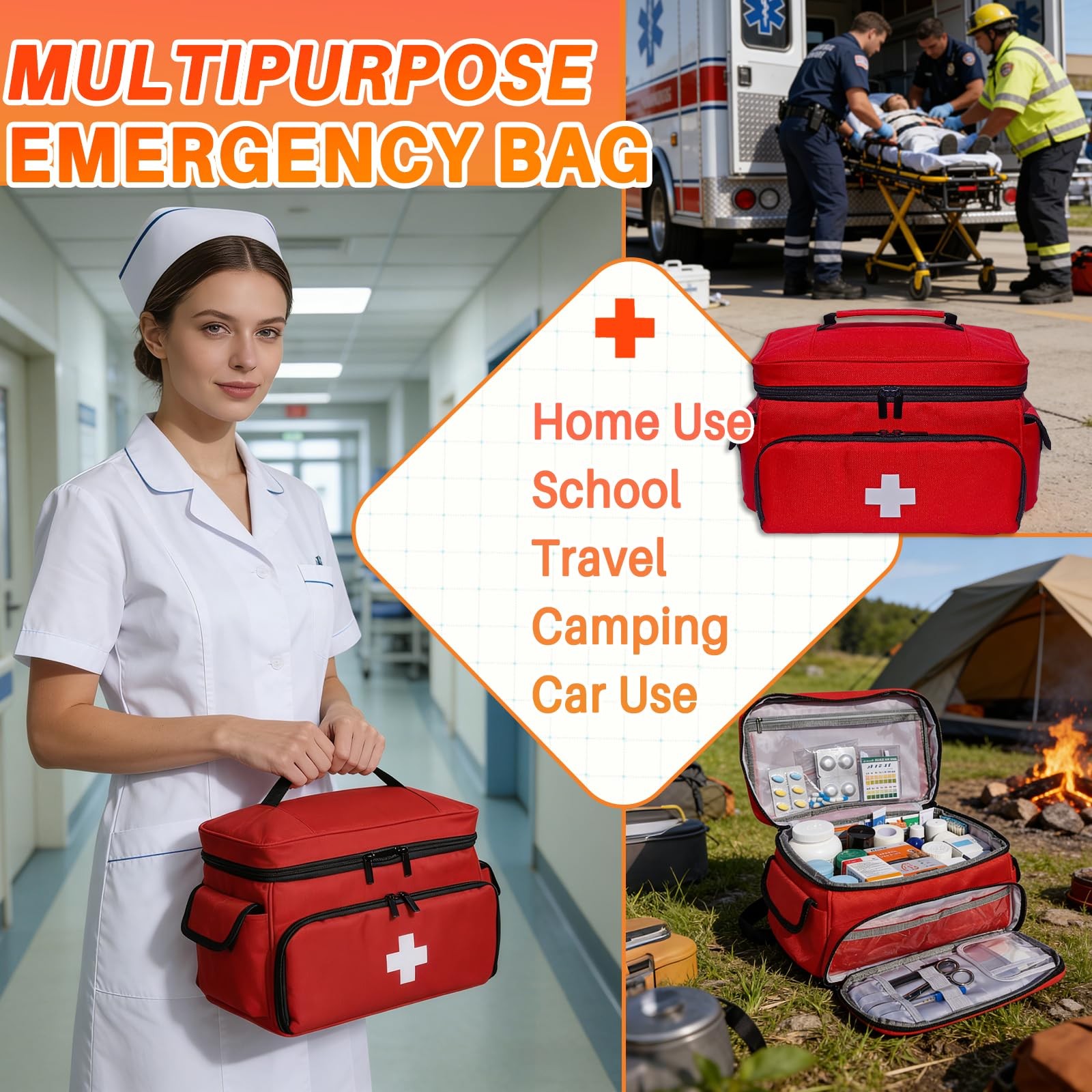MiimGogo First Aid Bag Empty 12″ x 9″ x 7″ Medical Red Pill Small,