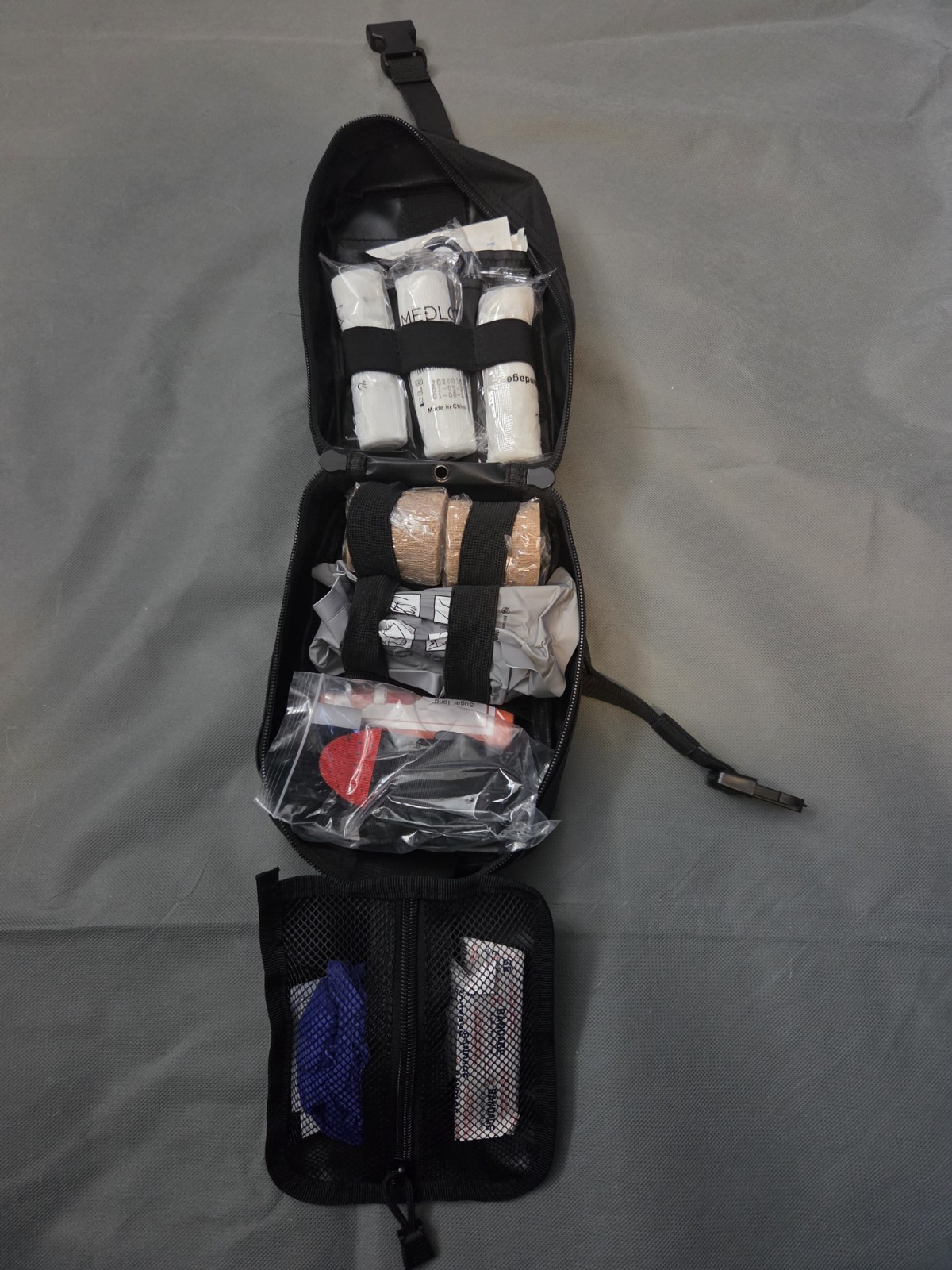 Portable Black/Red First Aid Kit Pouch w/ Gauze, Bandages, Gloves, Scissors