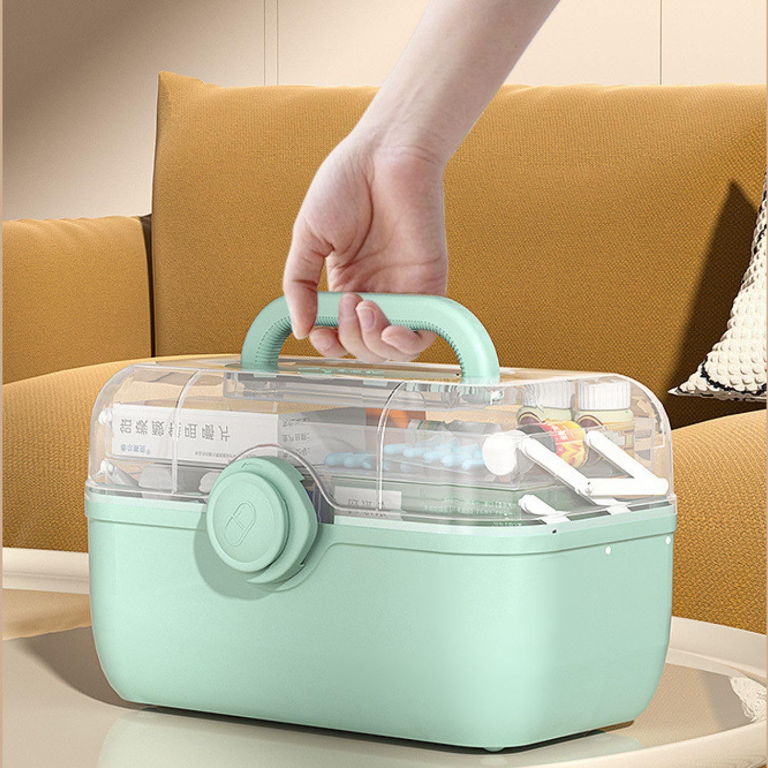Mairuker Medicine Storage Containers 3-Tier Fold Tray Plastic Medical Green