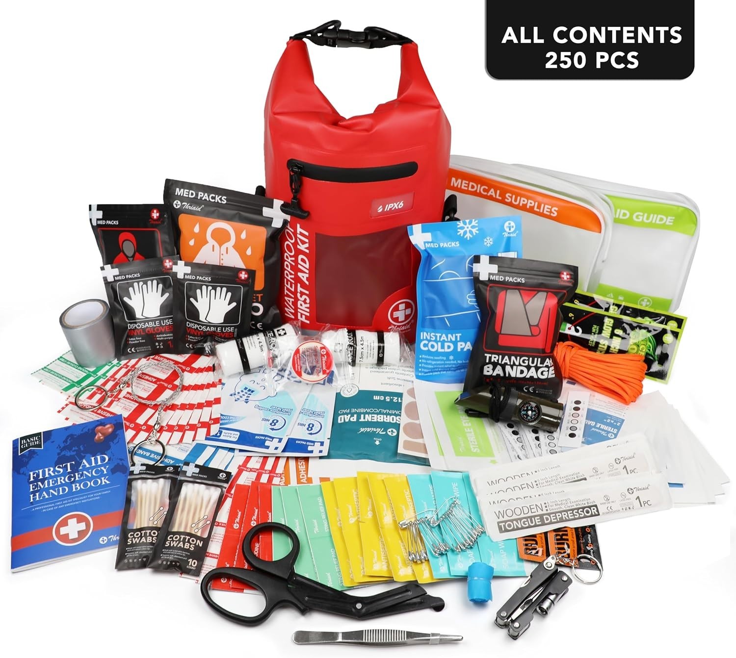 250 PCS Waterproof First Aid Kit Roll Top Dry Bag Reflective Red for Boating