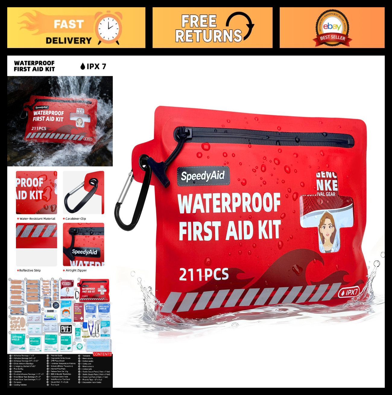 211 PCS Waterproof First Aid Kit – IPX7 Dry Bag, Portable Emergency Supplies for