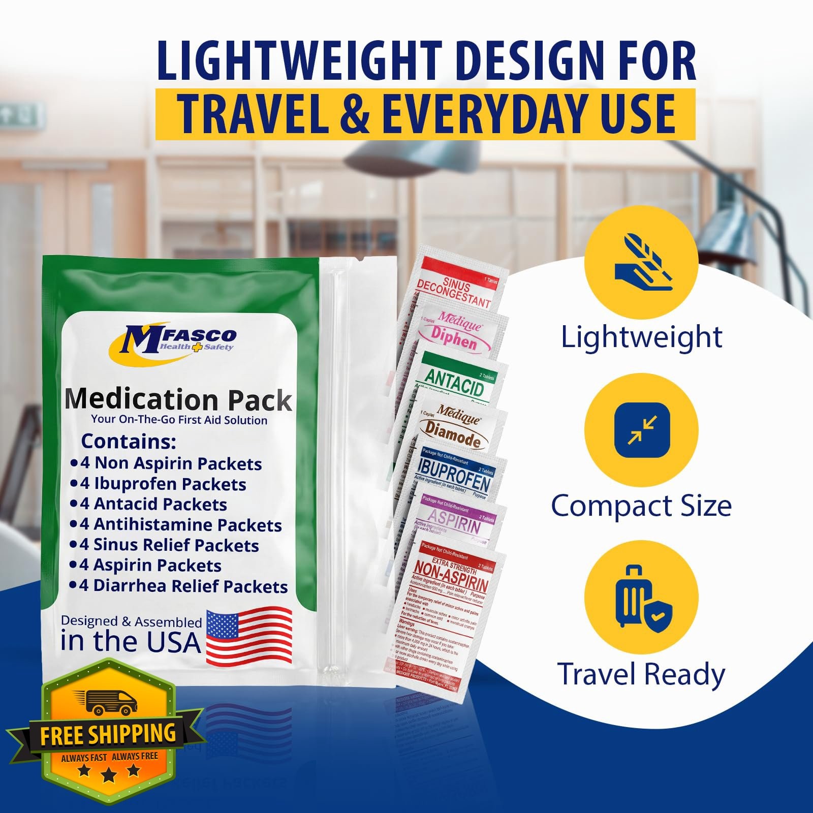 MFASCO Travel Medicine Kit 7-in-1, TSA Approved OTC Packets Cruise Office