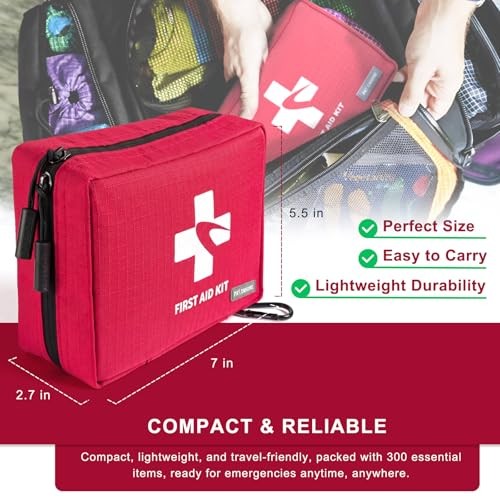 300 Piece First Aid Kit, Compact Waterproof First Aid Bag with 9 Organized Red
