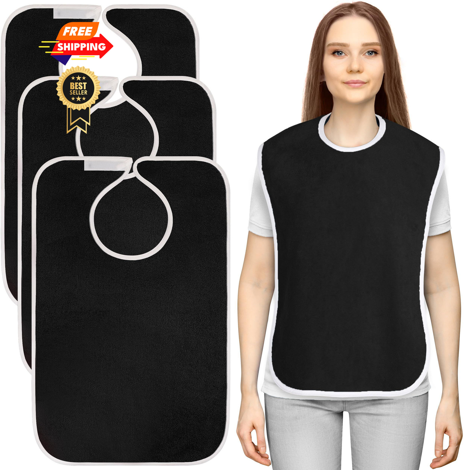 3 Pack Waterproof Premium Terry Adult Bibs for Women Men of 3, Black