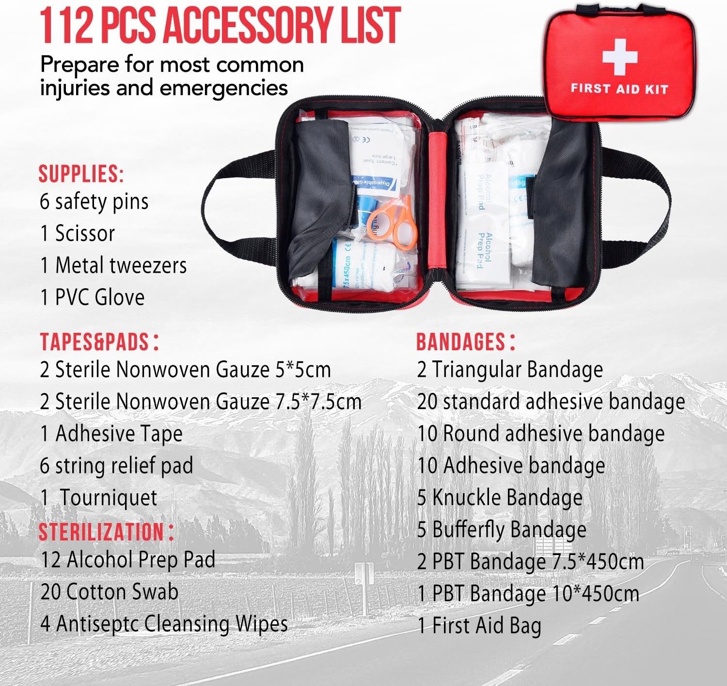 SlimK 112-Pc First Aid Kit for Car/Travel, Emergency Bag Red
