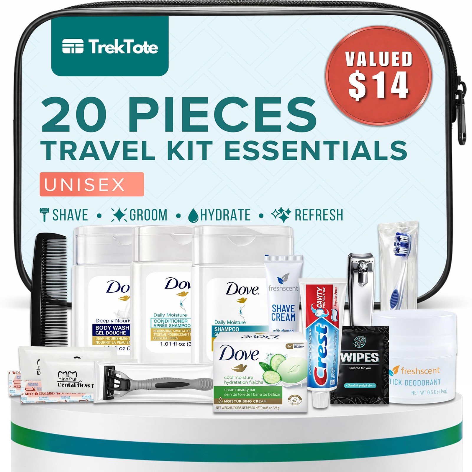 TrekTote 20 Piece Unisex Travel Hygiene Kit with Toiletries & 1 Pack, Clear