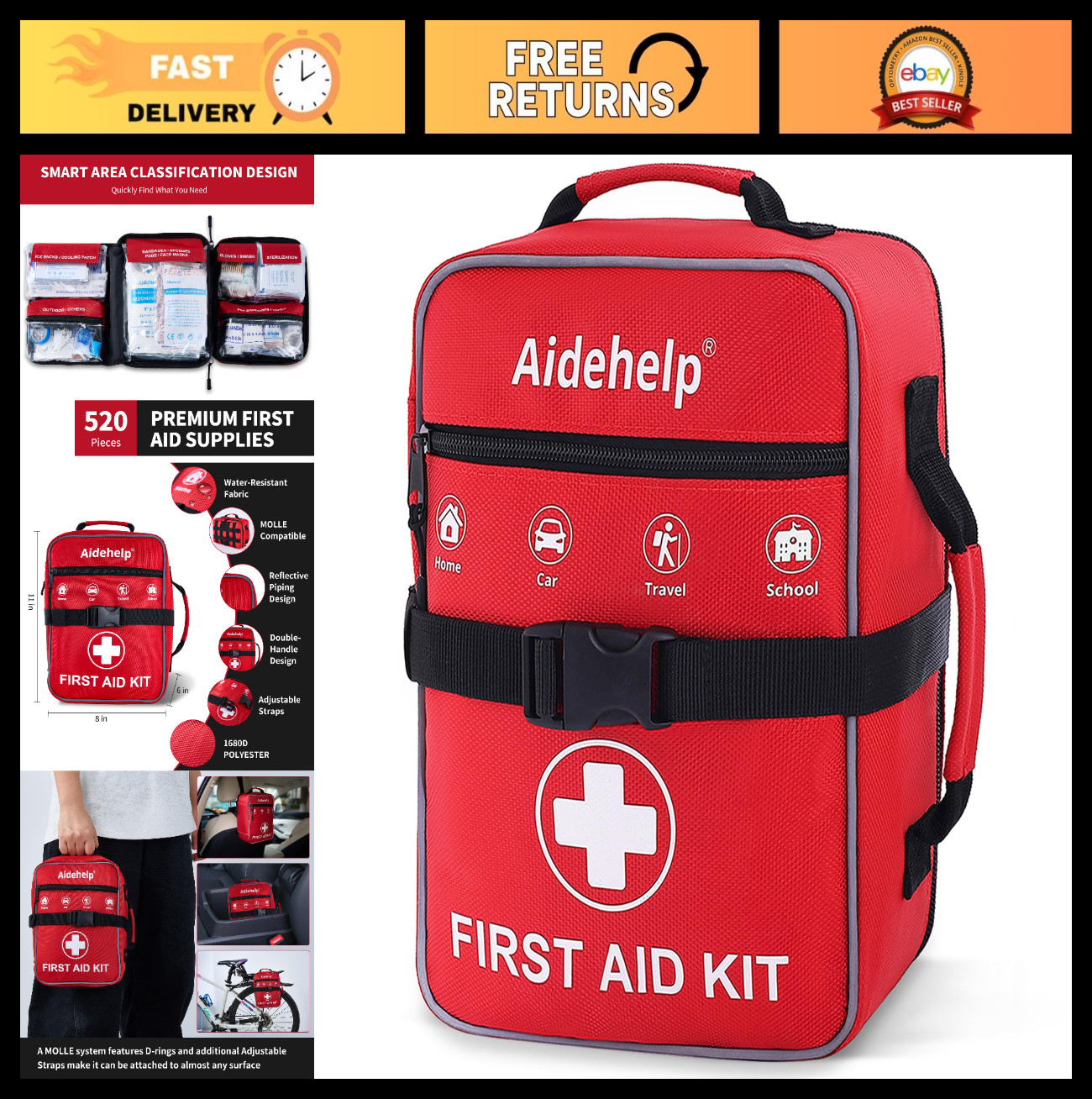 520-Piece Premium First Aid Kit – Emergency Medical Supplies for Home, Travel, C