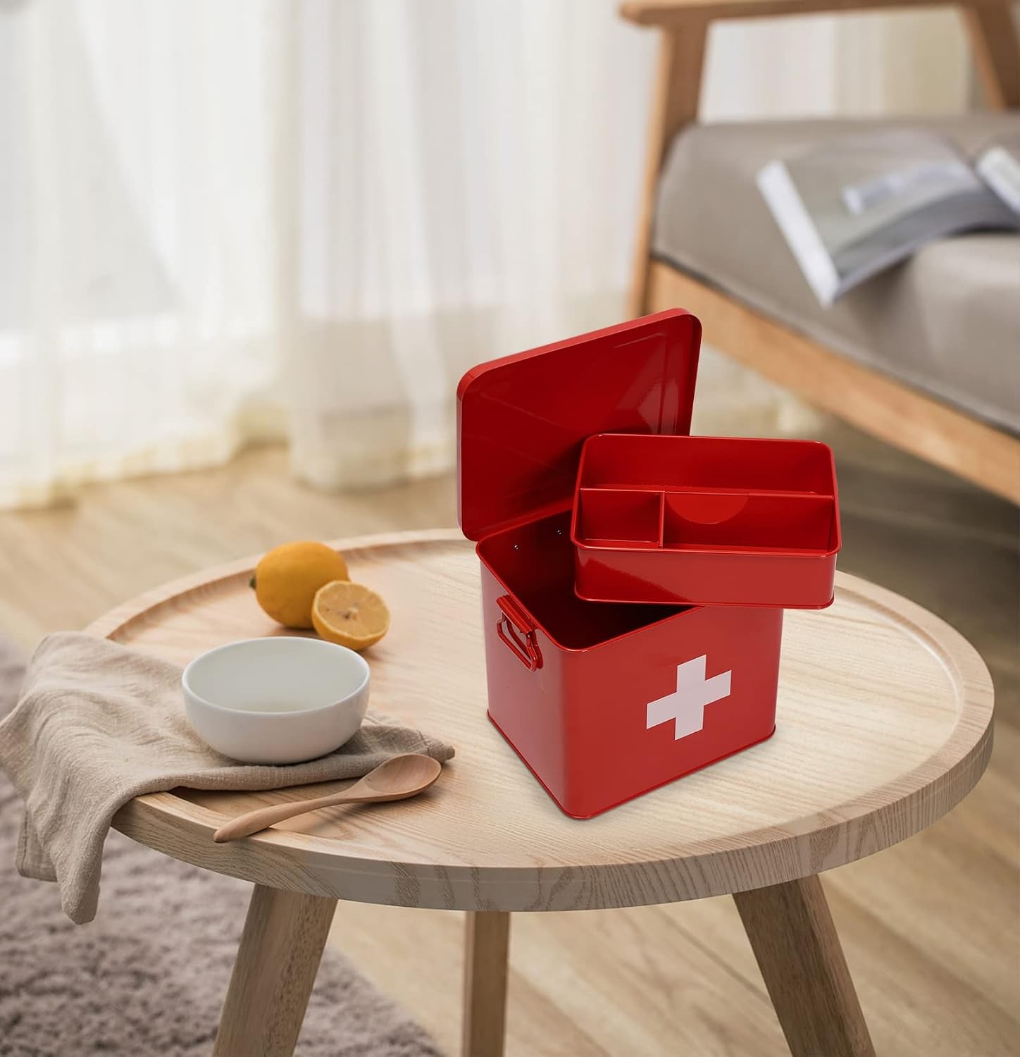 Red 2-Tier Metal First Aid Kit Box w/ Tray for Home Emergency